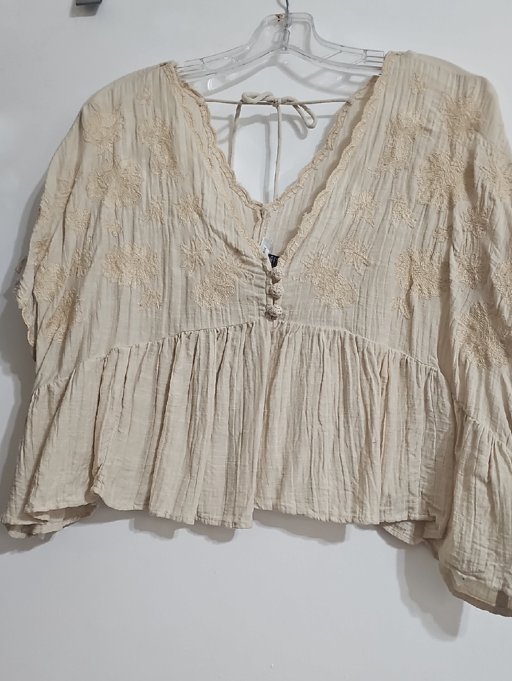 Boho Crochet-Embroidered V-Neck Peasant Top - Cream